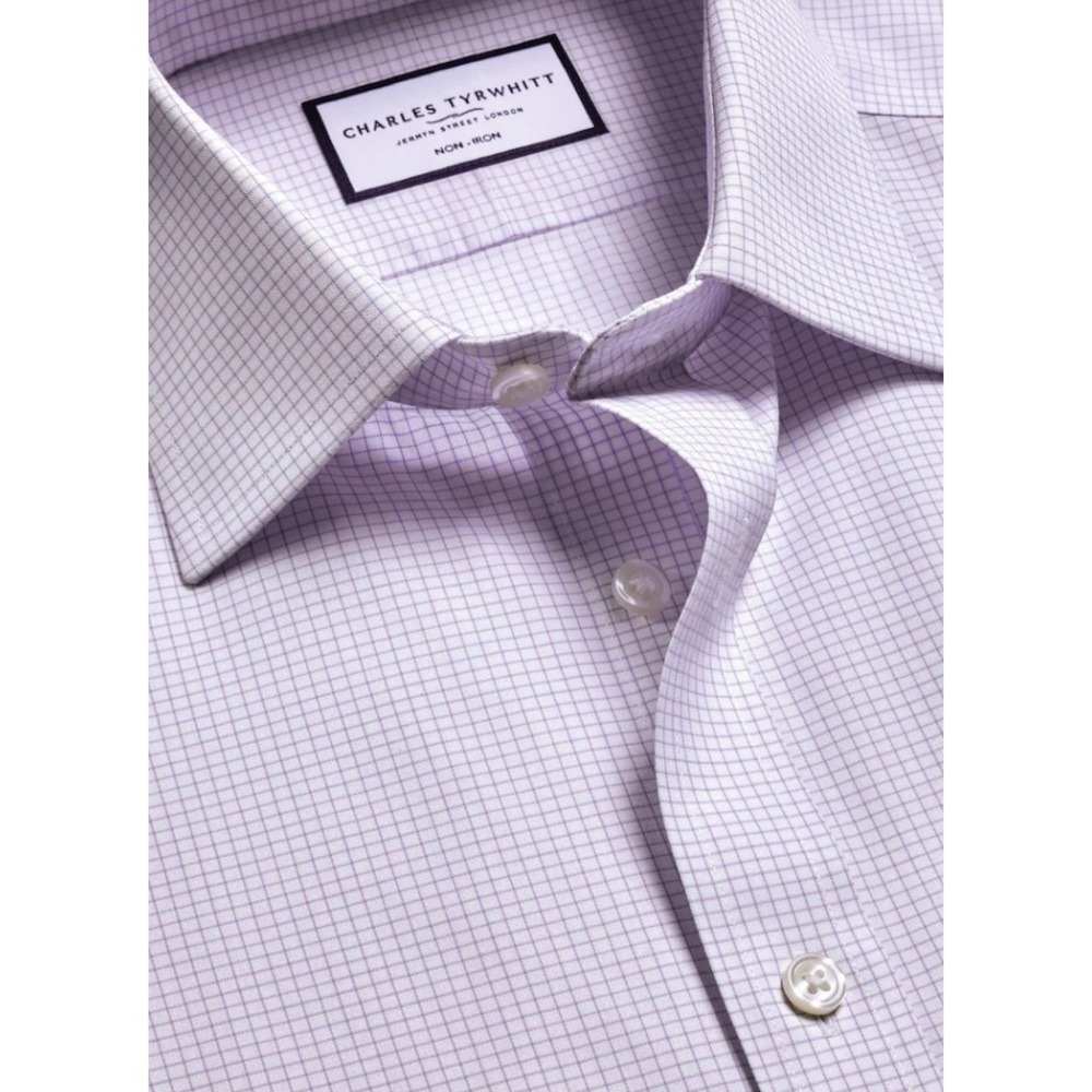 Charles Tyrwhitt Lilac Mini Grid Non-Iron Twill Slim Shirt 16.5/35 NWT